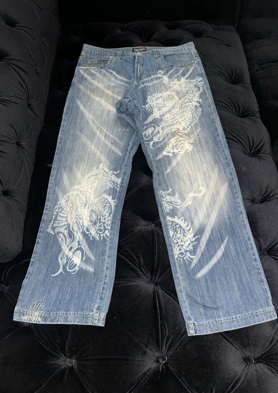 VINTAGE Miskeen Originals Dragon Distressed Jeans W36 Y2K Baggy Skater